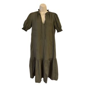 Free Assembly Women XSMALL Ruffle Neck Midi Dress Short Sleeve Army Olive Green